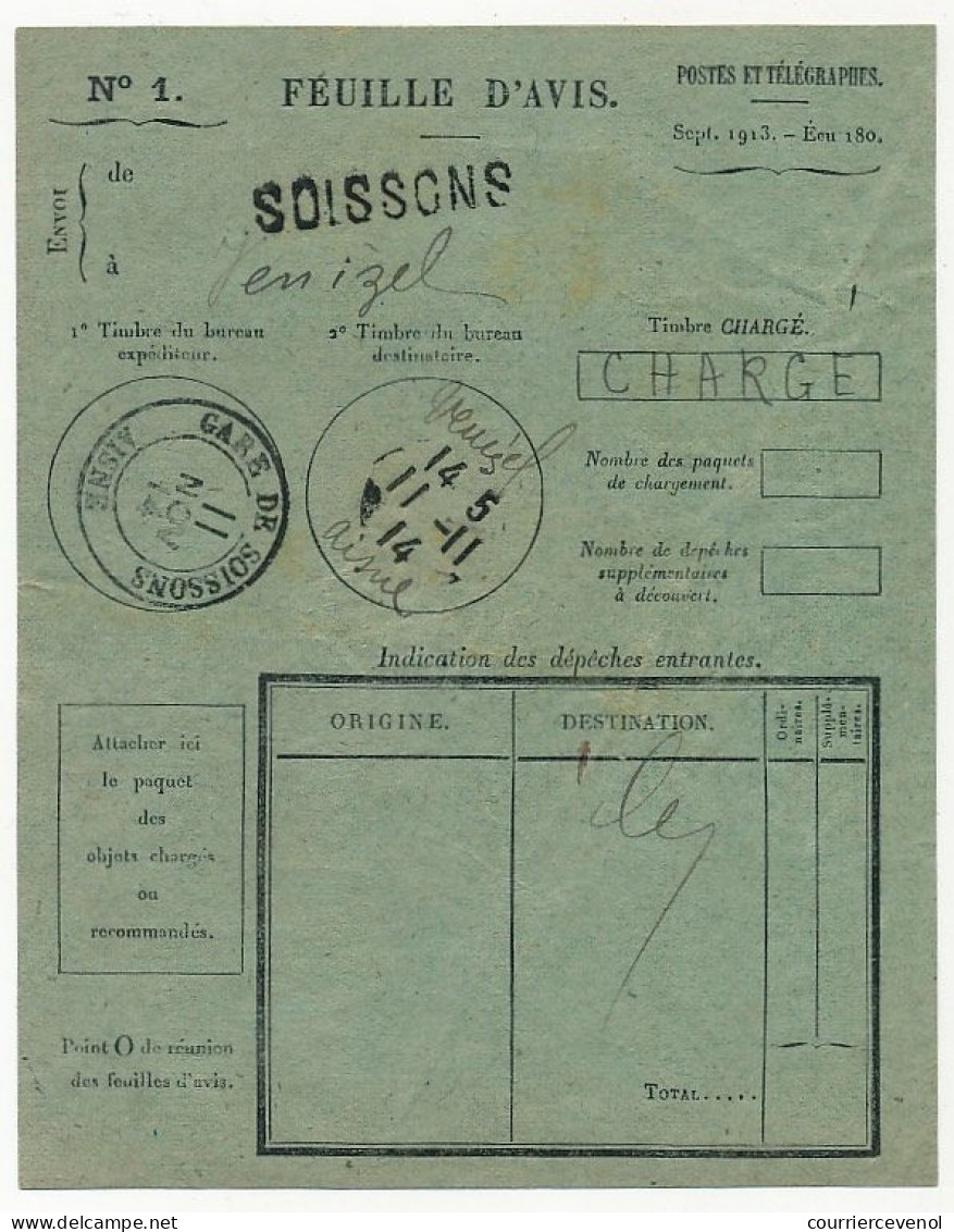 Feuille D'Avis Postes Et Télégraphes, Cachet "Gare De Soissons Aisne 11 Nov 14" + De Fortune "Venizel Aisne 11/11/14" - Lettres & Documents