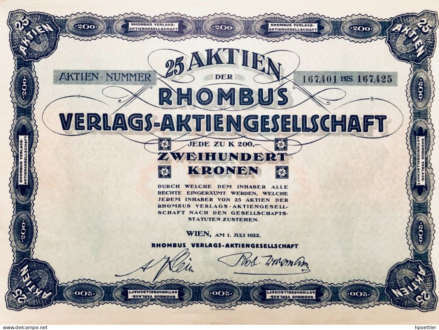 Austria - Vienne 1923 - 25 Aktien RHOMBUS Verlags-Aktiemgesellschaft - Editeur - Imprimerie - Autres & Non Classés