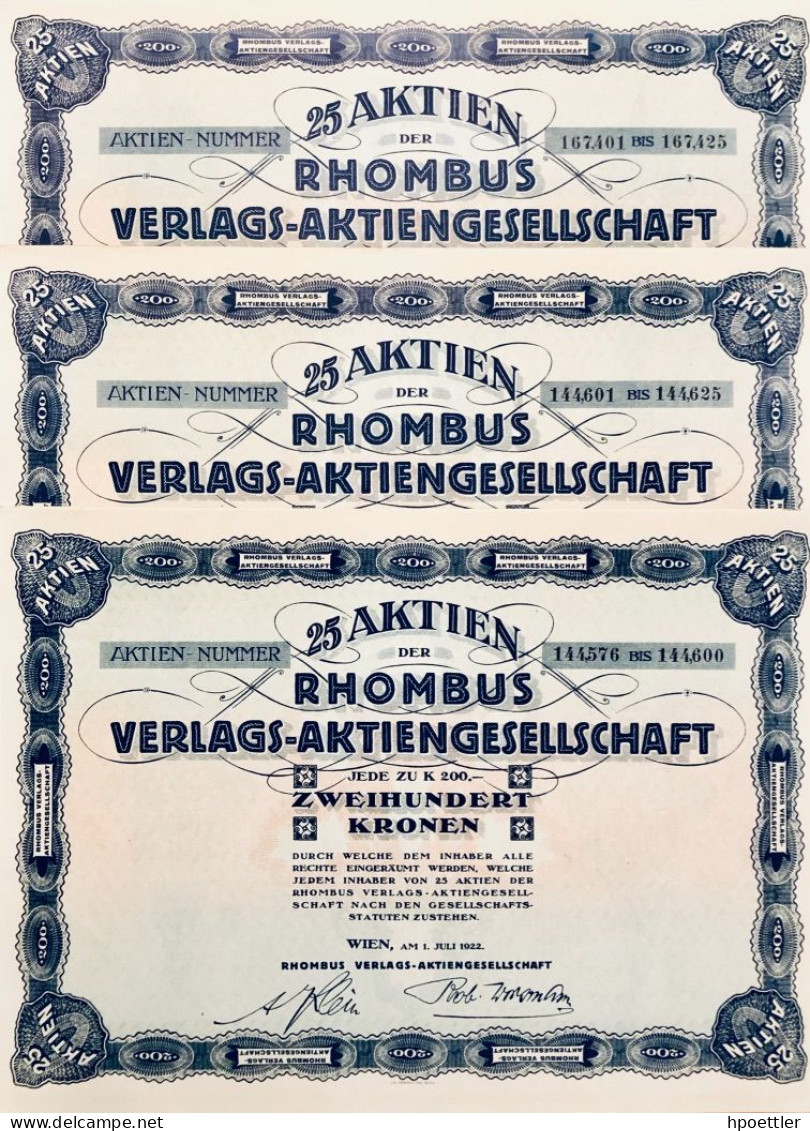 Austria - Vienne 1923 - 3 X 25 Aktien RHOMBUS Verlags-Aktiemgesellschaft - Editeur - Imprimerie - Autres & Non Classés