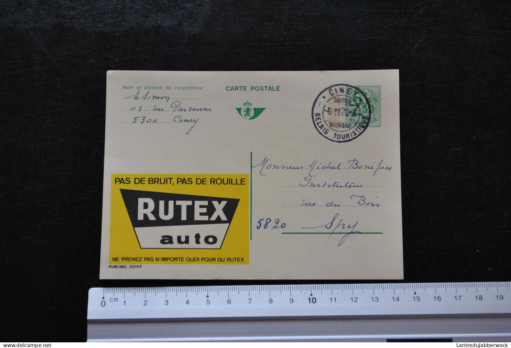Carte Entier Postal Publibel 2379 F Pas De Bruit Pas De Rouille Rutex Auto Cachet Ciney 1970 Relais Touristiques - Spy - Publibels