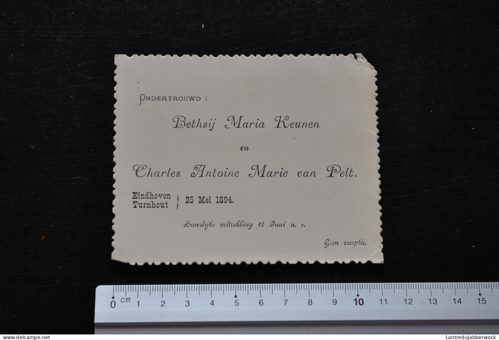 Carton Faire-part De Mariage Ondertrouwd Bethsij Maria Keunen En Charles Antoine Marie Van Pelt  Eindhoven Turnhout 1894 - Hochzeit