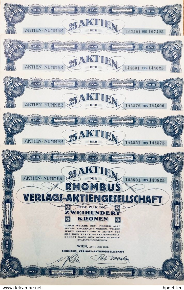 Austria - Vienne 1923 - 5 X 25 Aktien RHOMBUS Verlags-Aktiengesellschaft - Editeur - Imprimerie - Autres & Non Classés