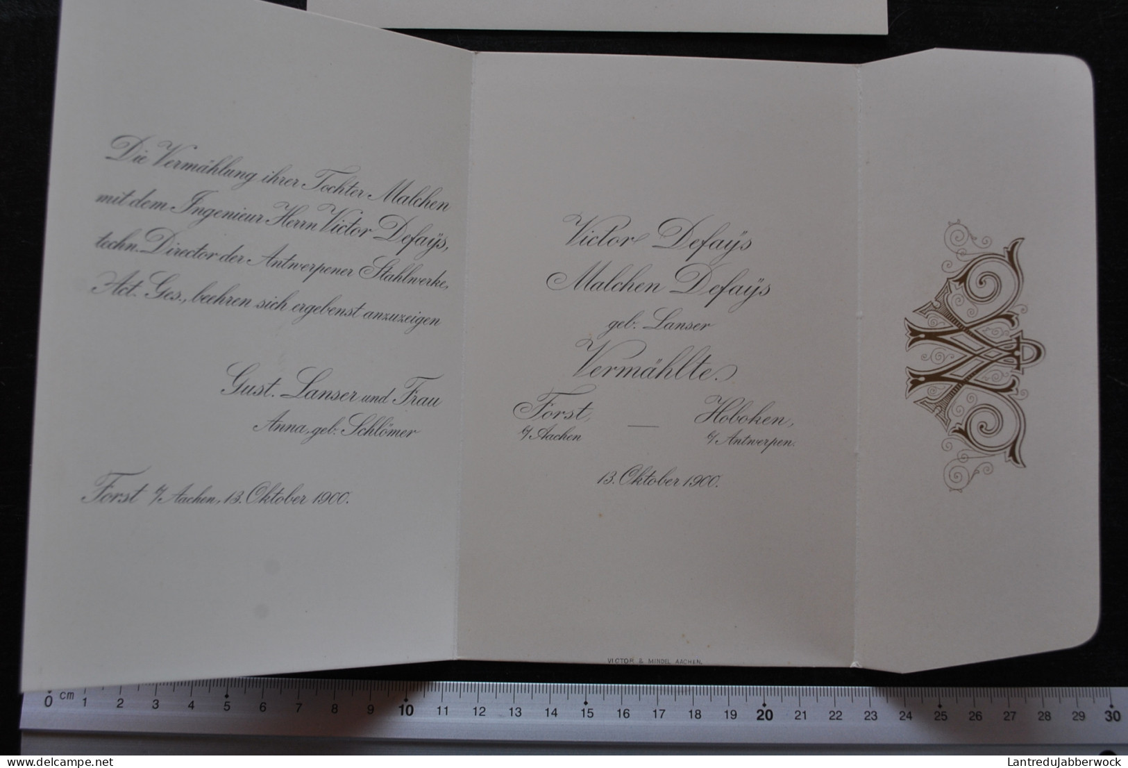 Carton Faire-part De Mariage Victor Defays Et Malchen Lanser 1900 Dessart Marcinelle Forst Aachen Hoboken Antwerpen - Wedding