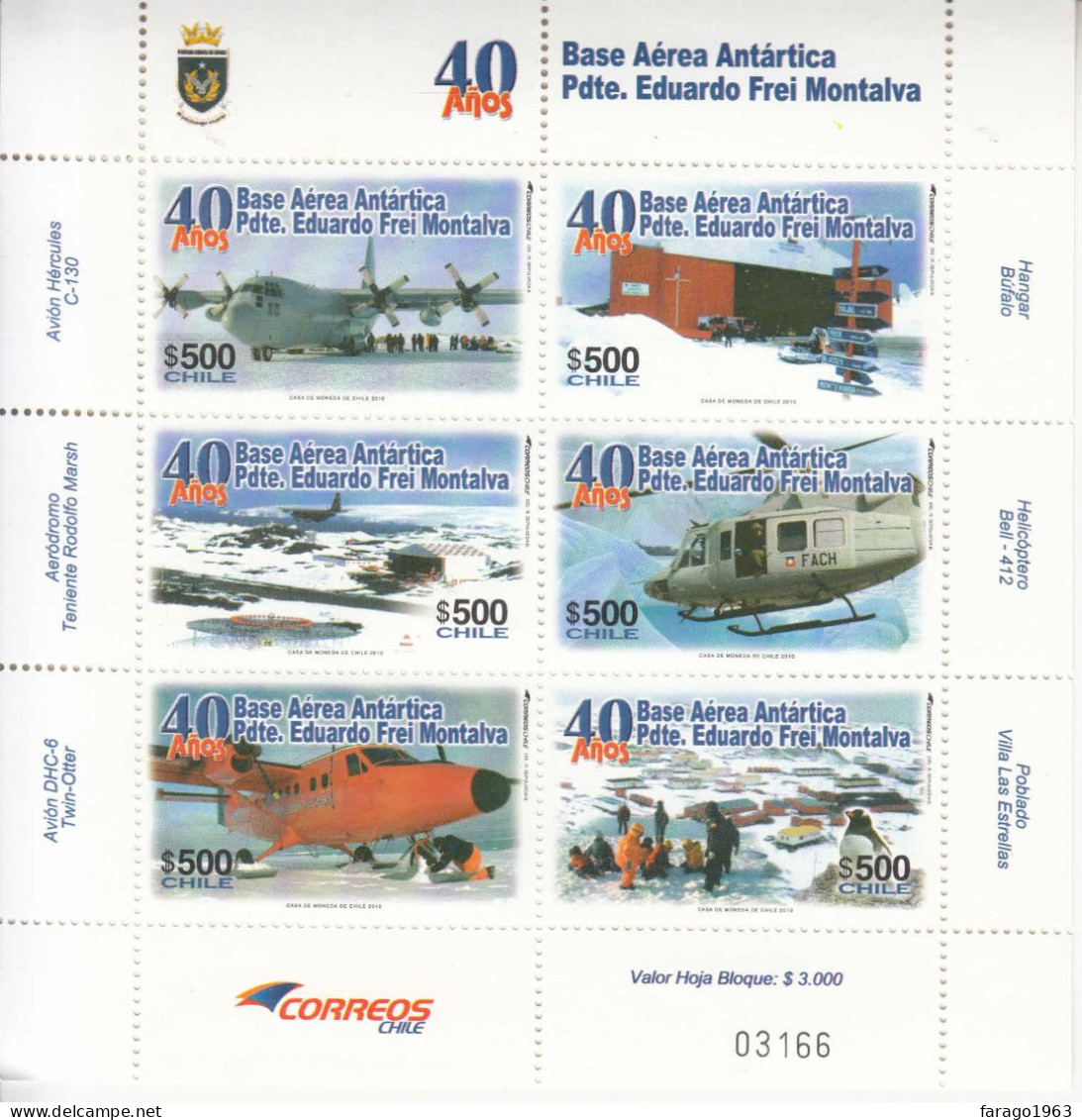 2010 Chile Antarctica Base Helicopters Aviation Penguins Miniature Sheet Of 6 MNH - Chili