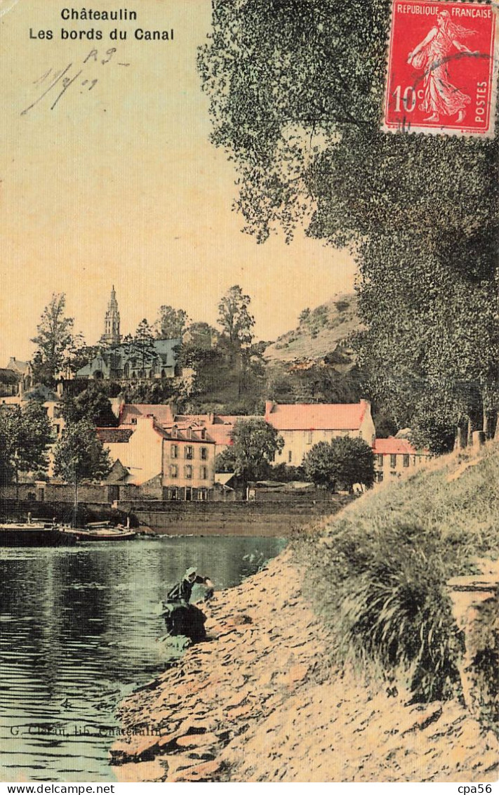 CHATEAULIN - Les Bords Du Canal - Carte Colorisée Toilée - Laveuses - Lavandières - Châteaulin