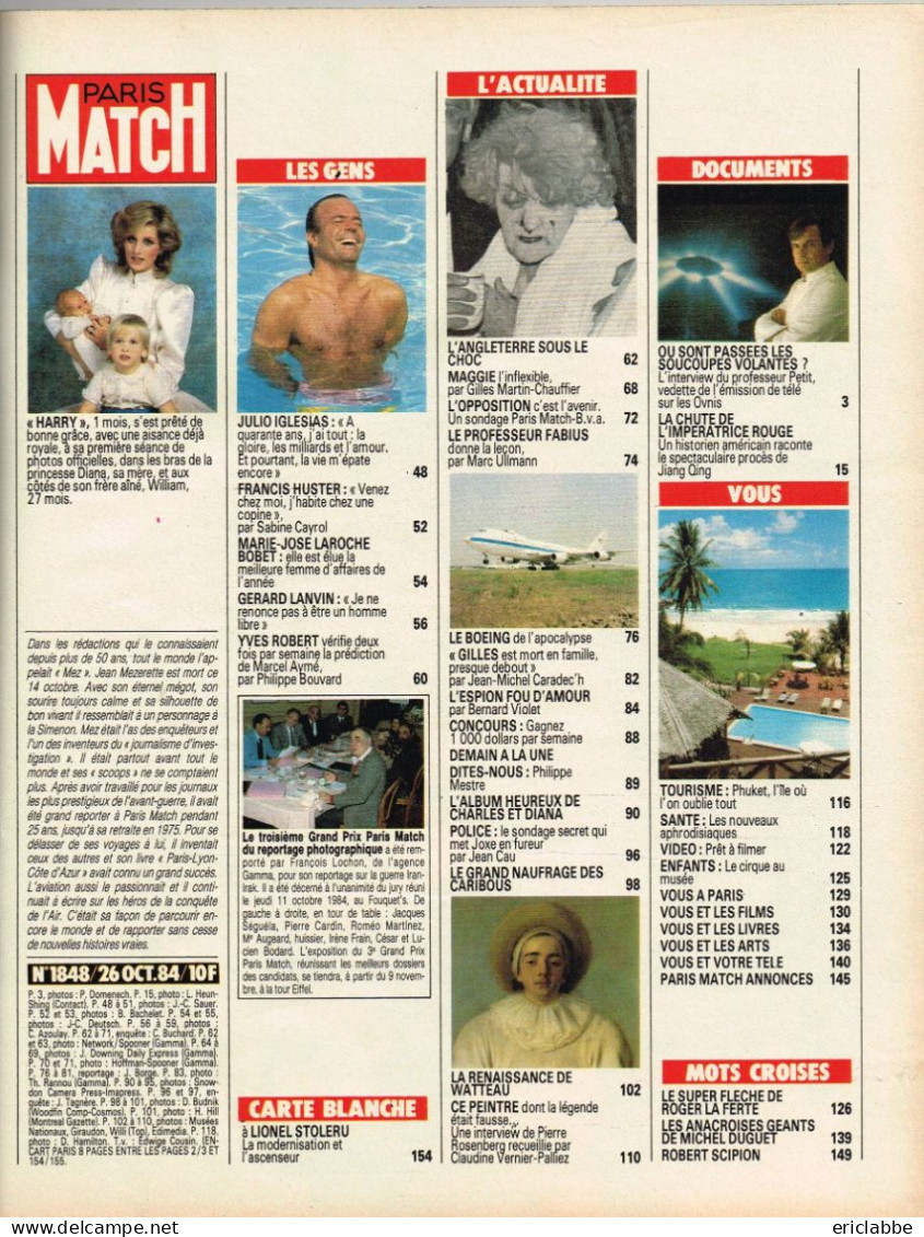 PARIS MATCH N°1848 Du 26 Octobre 1984 Lady Diana - Thatcher - Colonel Nut - Informaciones Generales