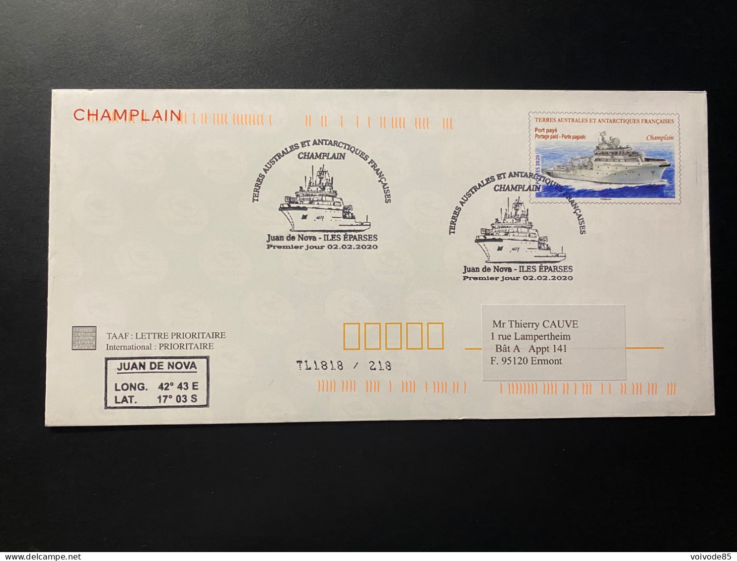 Lettre "Bateaux - Champlain" 02/02/2020 - TAAF - Iles Eparses - Cartas & Documentos