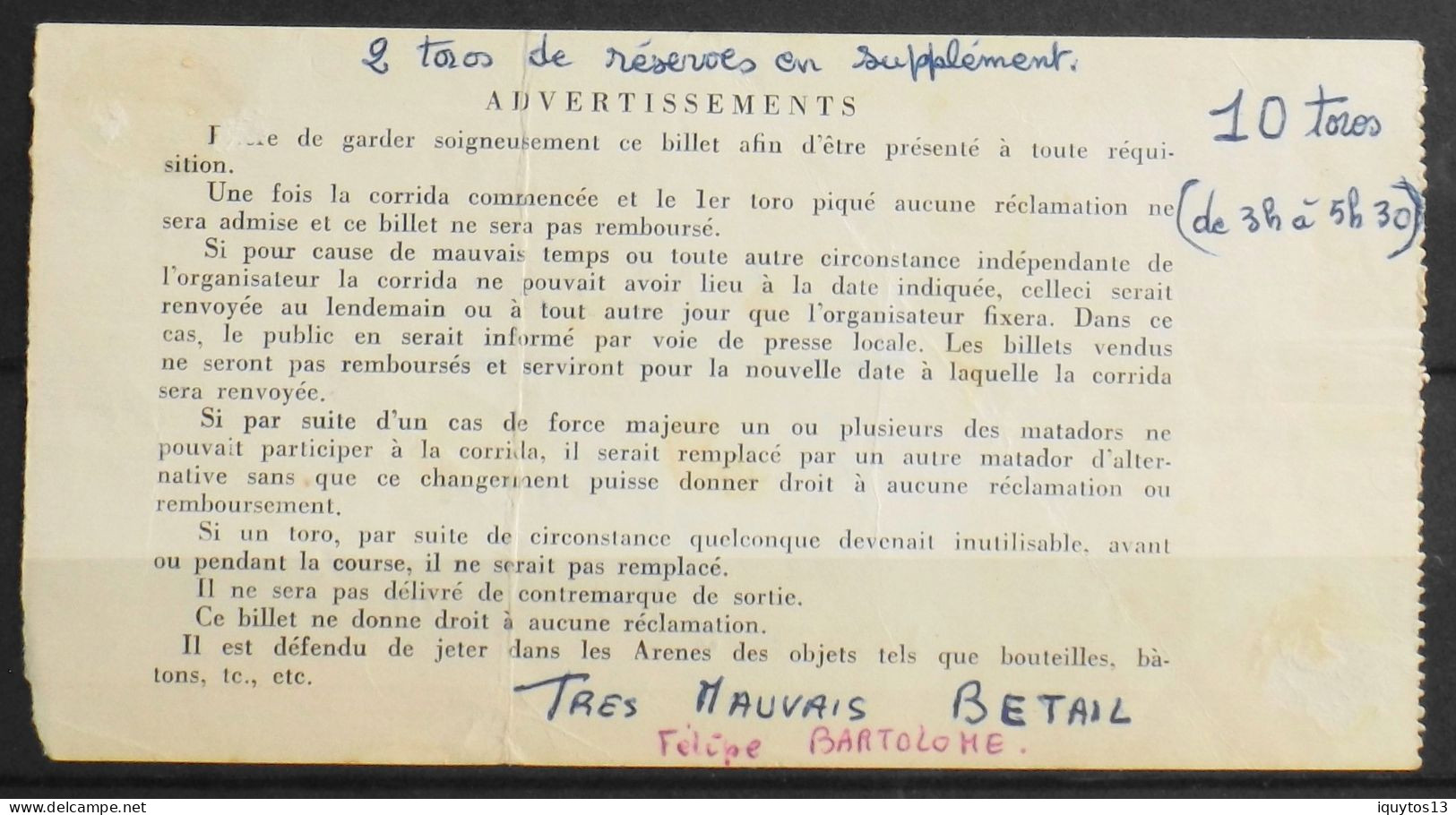 BILLET - CORRIDA - Plaza De Toros - NIMES Dimanche 25 Sept 1965 - Seconde A Rang 1 - Les Noms Des Toreros Sont Indiqués - Biglietti D'ingresso