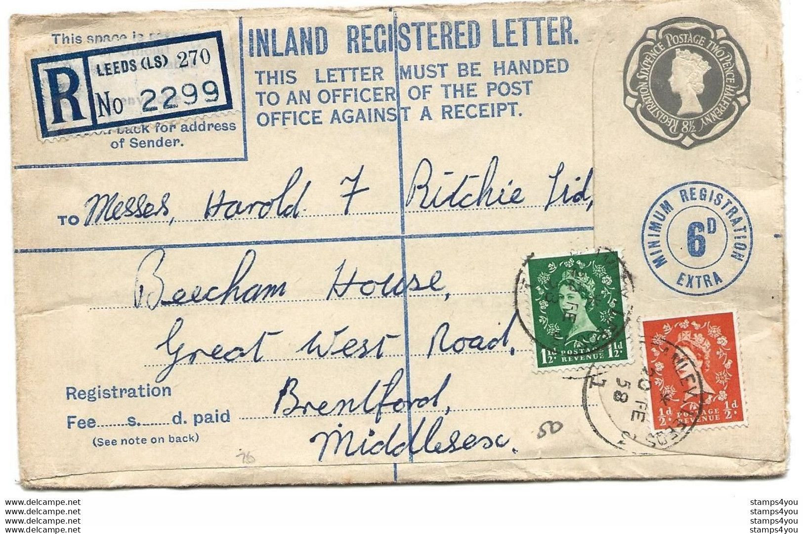 233 - 82 - Entier Postal Recommandé Envoyé De Leeds 1958 - Entiers Postaux