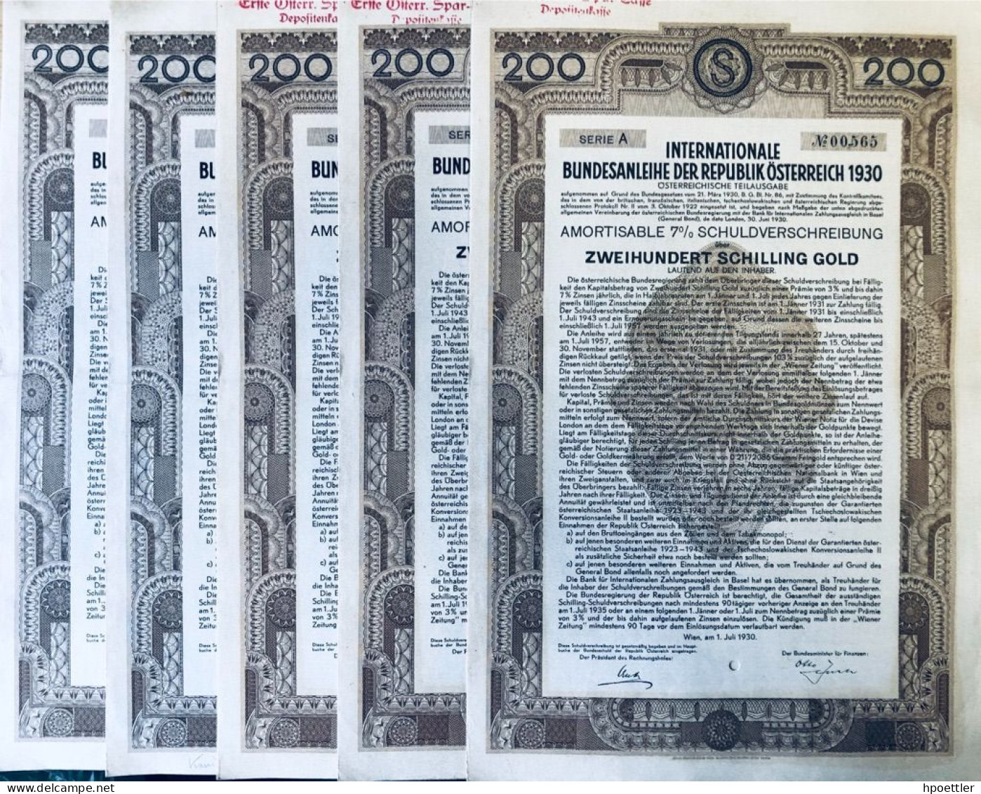 Austria - Vienne 1930: 5 X  Internationale Bundesanleihe Republik Österreich 200 Schilling Gold - Autres & Non Classés