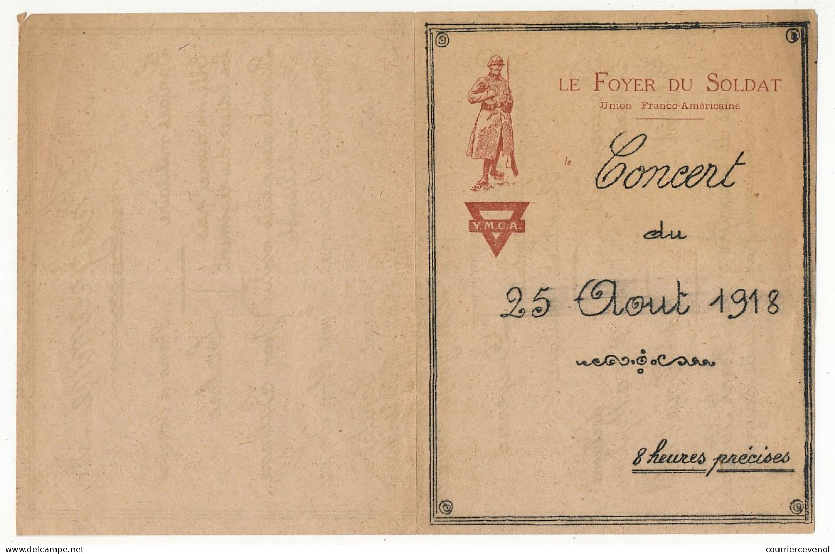 Programme De Concert "Foyer Du Soldat Y.M.C.A. Union Franco-Américaine" 25 Août 1918 - 13,6cm X 20,8cm Ouvert - Historical Documents