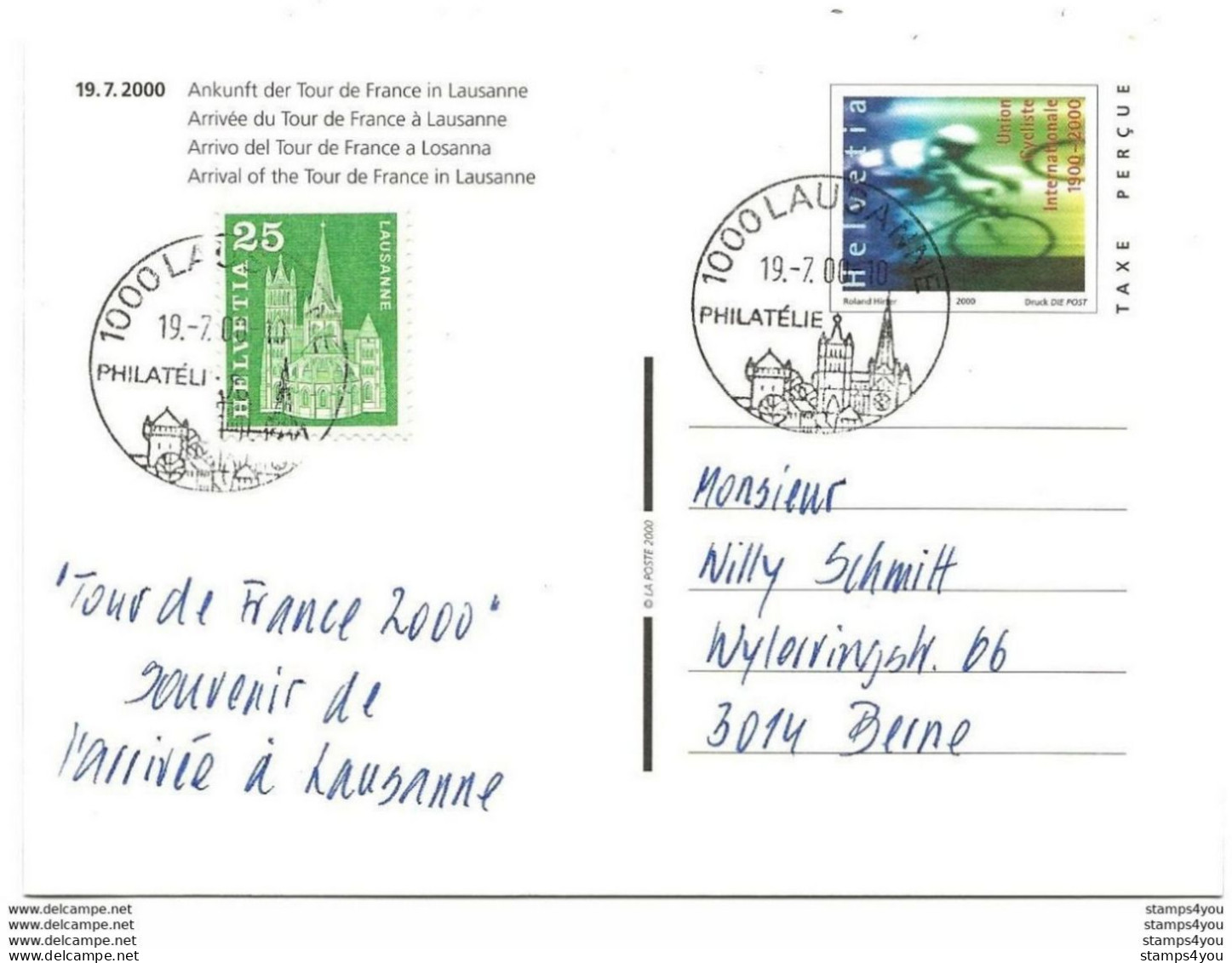 412 - 75 - Entier Postal Suisse "arrivée Du Tour De France à Lausanne" 2000 - Cachets Illustrés De Lausanne - Wielrennen