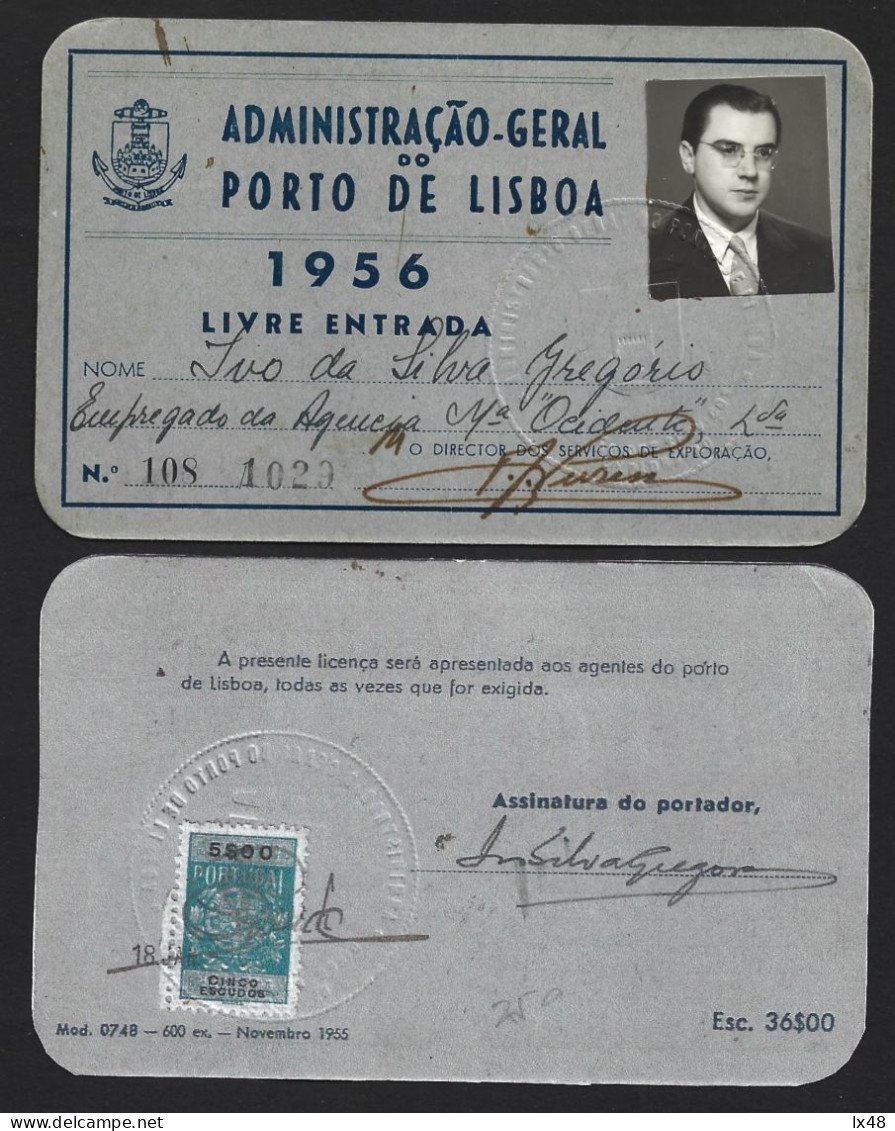 Free Transit Card The Lisbon Port Administration 1956. Tax Stamp 5$00. Cartão Livre Trânsito Administração Porto Lisboa - Portugal