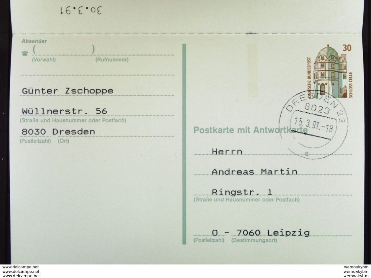 BRD: Antwort-Gs Komplett Mit OSt. Dresden 22 15.3.91 Nach Leipzig, Zurück Mit BahnPSt. LEIPZIG-HANNOVER Zug 1446 2.4.91 - Cartes Postales - Oblitérées