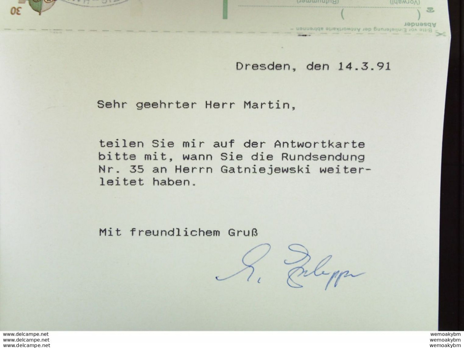 BRD: Antwort-Gs Komplett Mit OSt. Dresden 22 15.3.91 Nach Leipzig, Zurück Mit BahnPSt. LEIPZIG-HANNOVER Zug 1446 2.4.91 - Cartes Postales - Oblitérées