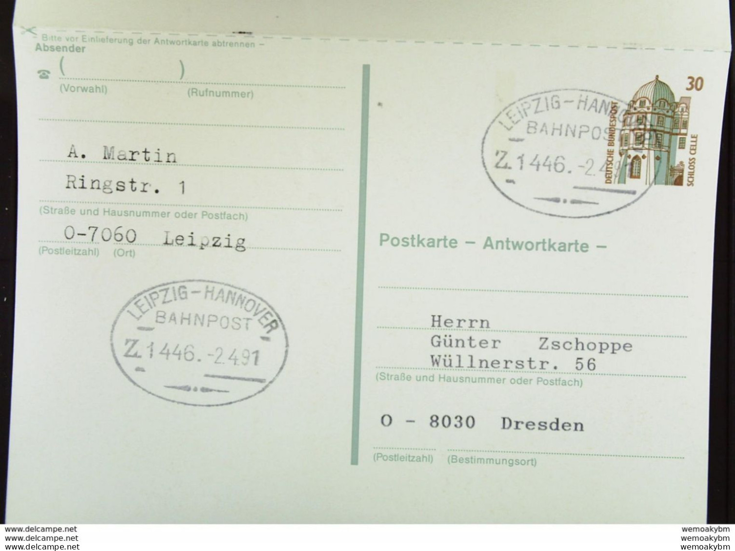 BRD: Antwort-Gs Komplett Mit OSt. Dresden 22 15.3.91 Nach Leipzig, Zurück Mit BahnPSt. LEIPZIG-HANNOVER Zug 1446 2.4.91 - Postkaarten - Gebruikt