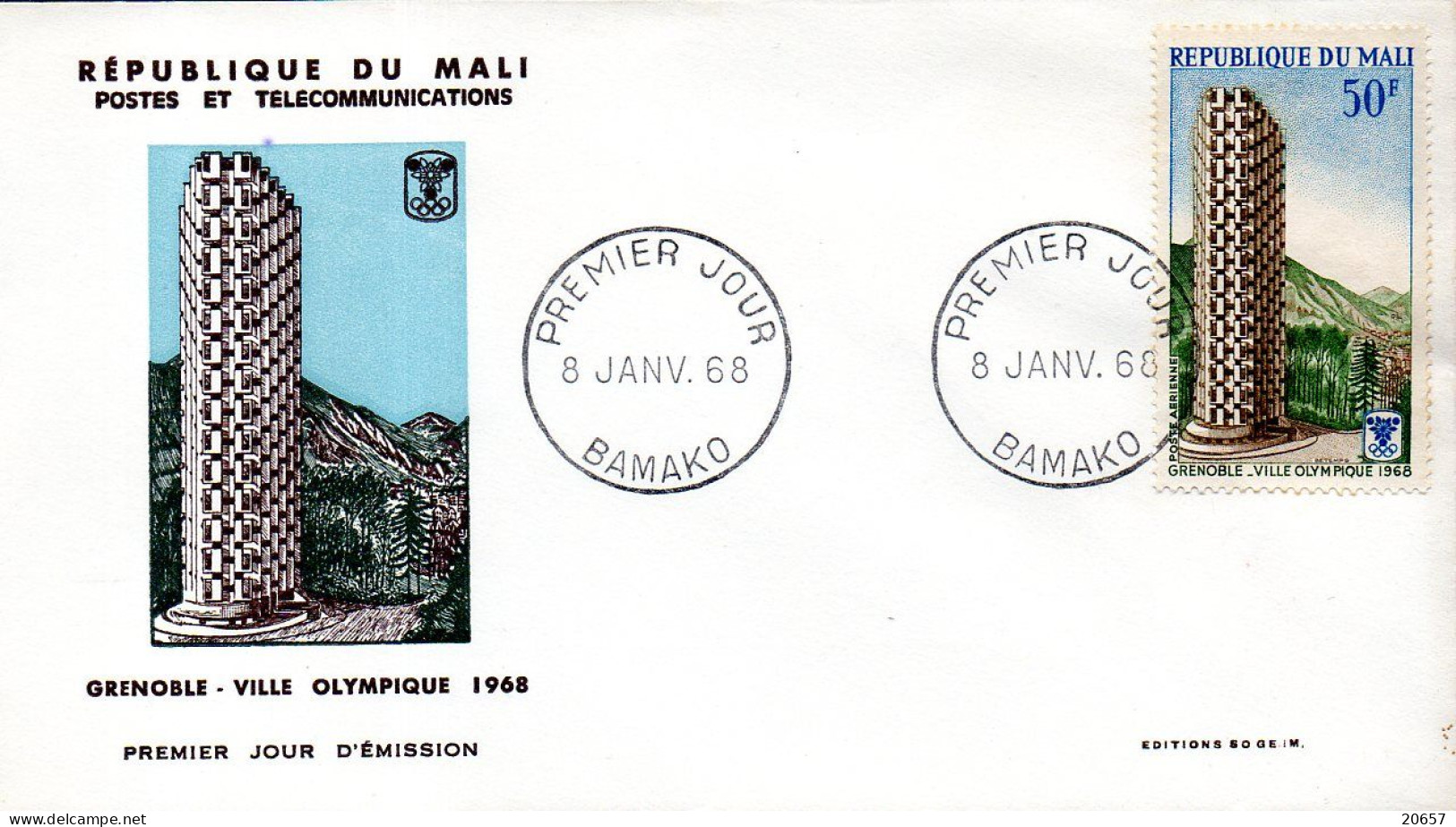 Mali A 053/54 Fdc Grenoble JO D'hiver, France, Piste De Ski - Hiver 1968: Grenoble