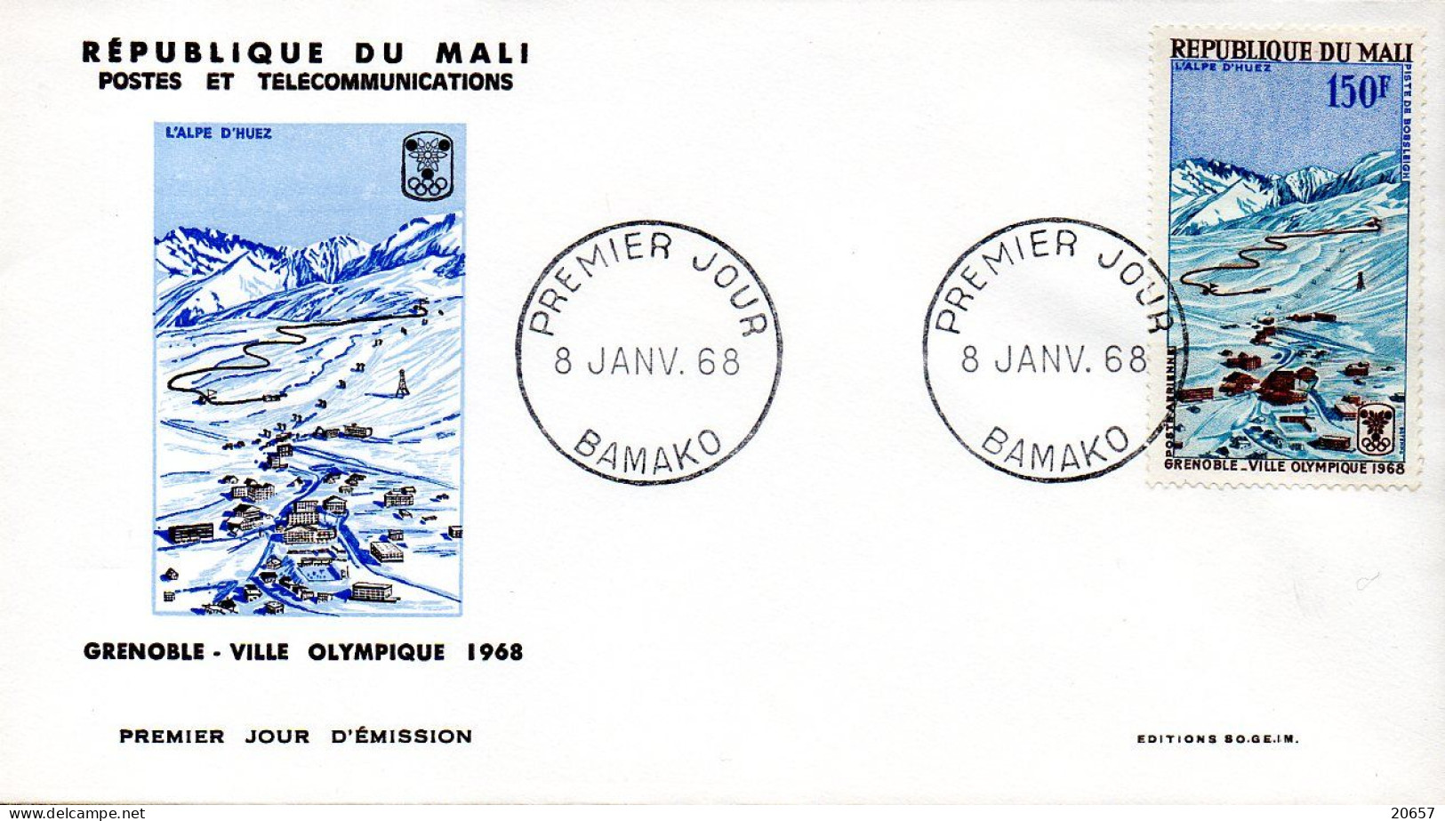 Mali A 053/54 Fdc Grenoble JO D'hiver, France, Piste De Ski - Hiver 1968: Grenoble