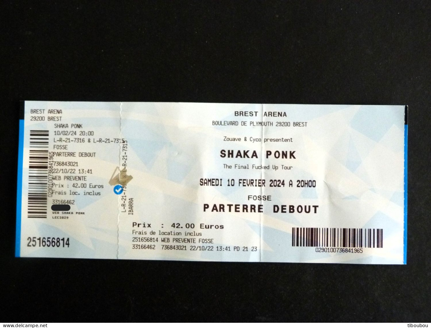 *** TICKET ENTREE CONCERT SHAKA PONK A LA BREST ARENA FINISTERE BRETAGNE - Biglietti D'ingresso