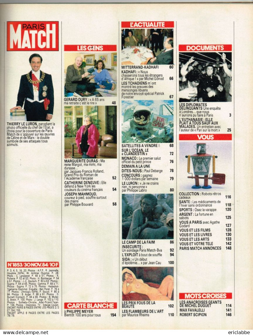 PARIS MATCH N°1853 Du 30 Novembre 1984 Thierry Le Luron - Kadhafi - Ventes - Faim - Informations Générales