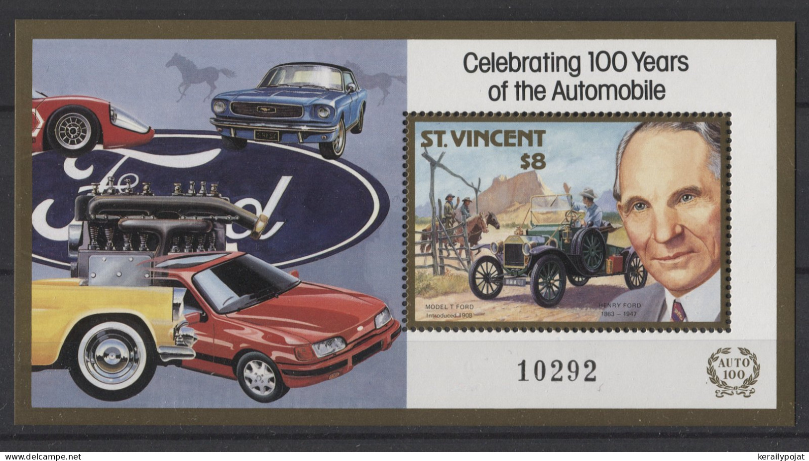 St.Vincent - 1987 100 Years Of The Automobile Block (4) MNH__(TH-25077) - St.Vincent (1979-...)