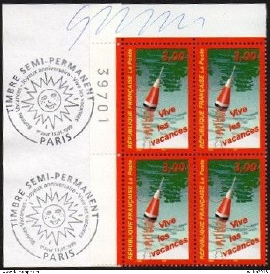 FRANCE YT3243 VIVE LES VACANCES - BLOC DE 4 TIMBRES AVEC OBLITÉRATION PJ PARIS DANS LA MARGE - Ungebraucht