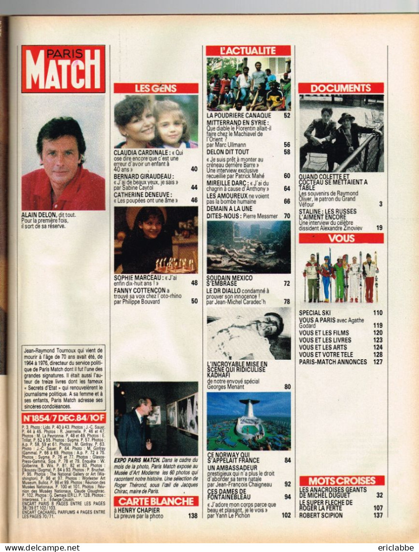 PARIS MATCH N°1854 Du 07 Décembre 1984 Alain Delon - Mireille Darc - Informations Générales