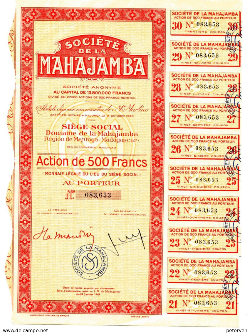 Madagascar: Société De La MAHAJAMBA; Action De 500 Francs  (1949) - Afrika
