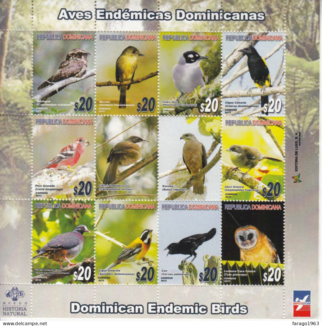 2012 Dominican Republic Endemic Birds **Bang Top Left Stamps Perfect ** Miniature Sheet Of 12 MNH - Dominikanische Rep.