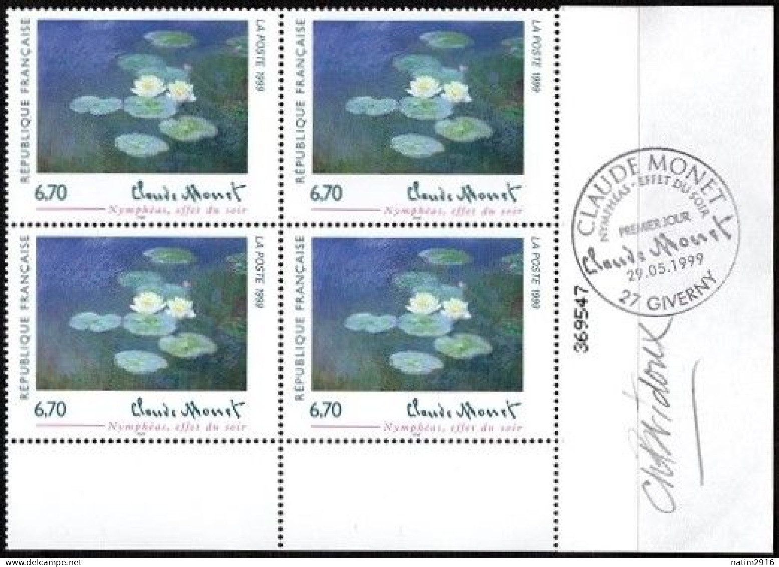 FRANCE YT3247 CLAUDE MONNET - BLOC DE 4 TIMBRES AVEC OBLITÉRATION PJ 27 GIVERNY DANS LA MARGE - Ungebraucht