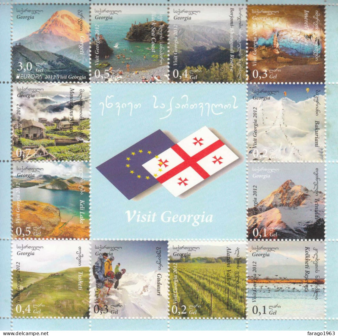 2012 Georgia Visit Georgia Tourism Mountains Wine Skiing Caves Miniature Sheet Of 12 MNH - Georgia