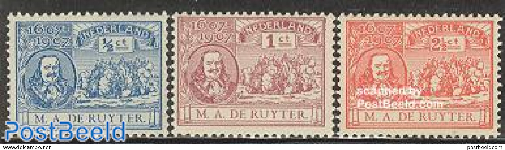 Netherlands 1907 Michiel De Ruyter 3v, Mint NH, Transport - Ships And Boats - Unused Stamps