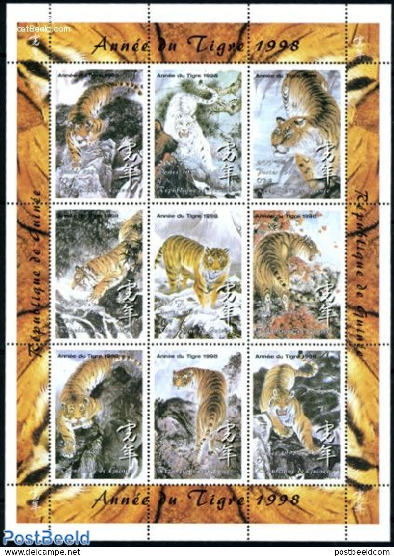 Guinea, Republic 1998 Year Of The Tiger 9v M/s, Mint NH, Nature - Various - Cat Family - New Year - Año Nuevo