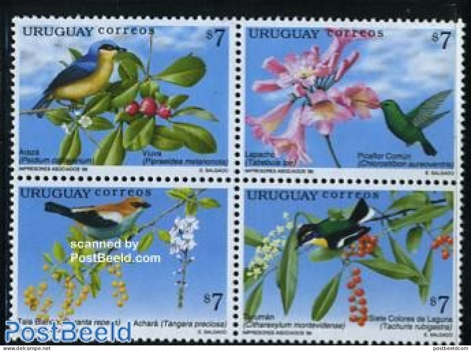 Uruguay 1999 Flowering Trees & Birds 4v [+], Mint NH, Nature - Birds - Flowers & Plants - Uruguay