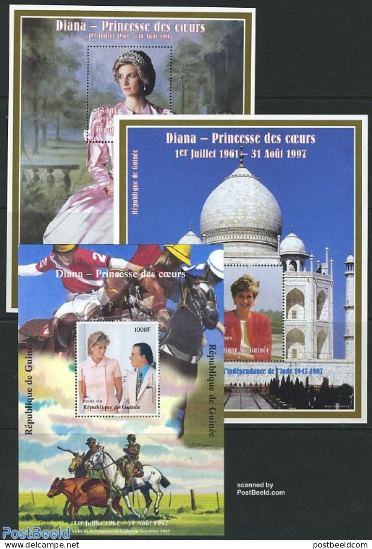 Guinea, Republic 1998 Death Of Diana 3 S/s, Mint NH, History - Nature - Charles & Diana - Kings & Queens (Royalty) - H.. - Familias Reales