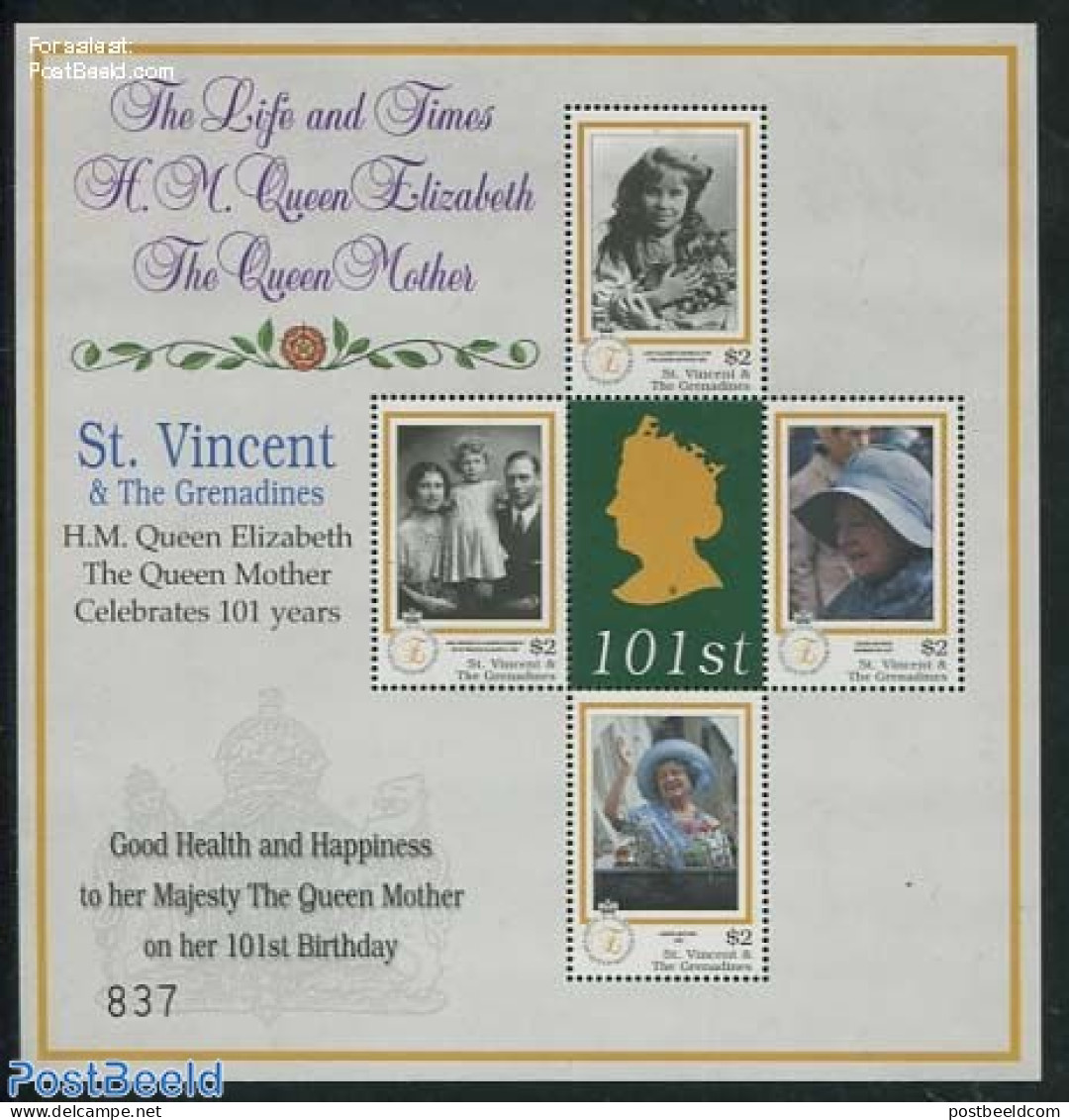 Saint Vincent 2001 Queen Mother 4v M/s, Mint NH, History - Kings & Queens (Royalty) - Familias Reales