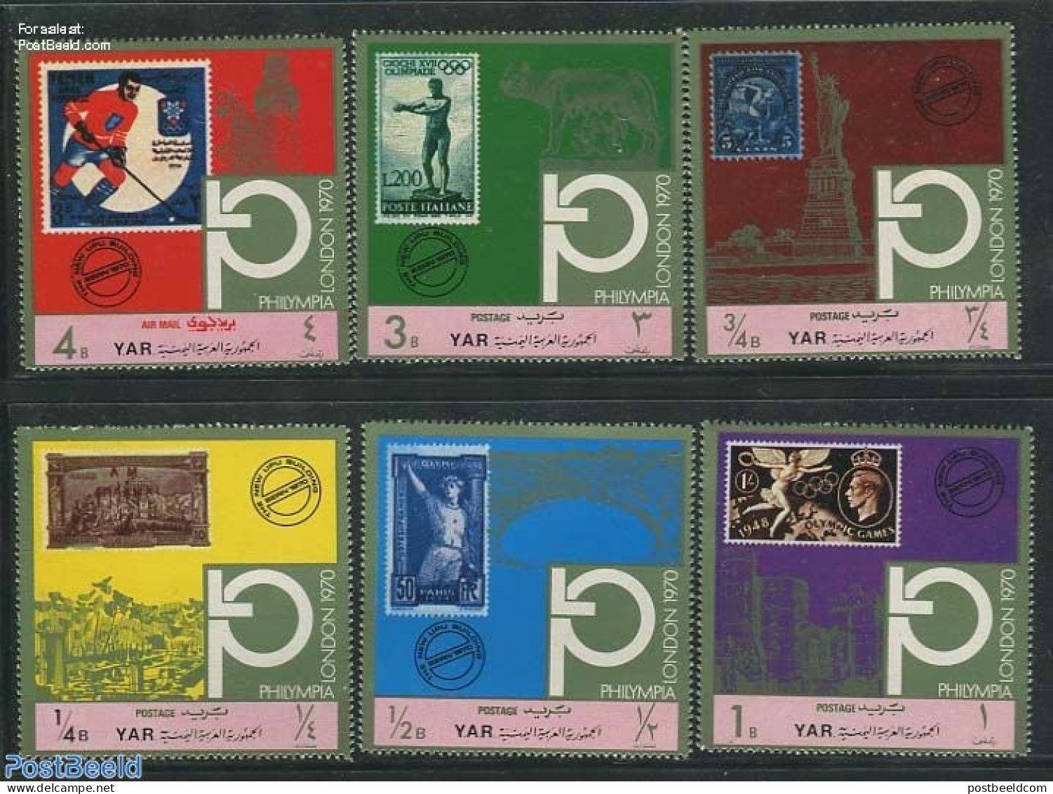 Yemen, Arab Republic 1970 Philympia 6v, Mint NH, Sport - Ice Hockey - Olympic Games - Stamps On Stamps - Jockey (sobre Hielo)