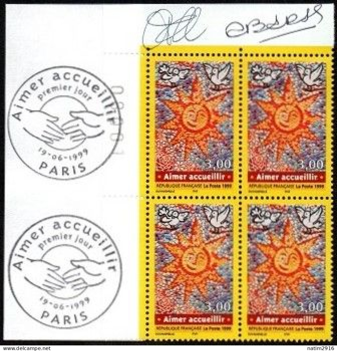 FRANCE YT3255 AIMER ACCUEILLIR - BLOC DE 4 TIMBRES AVEC OBLITÉRATION PJ PARIS DANS LA MARGE - Ungebraucht