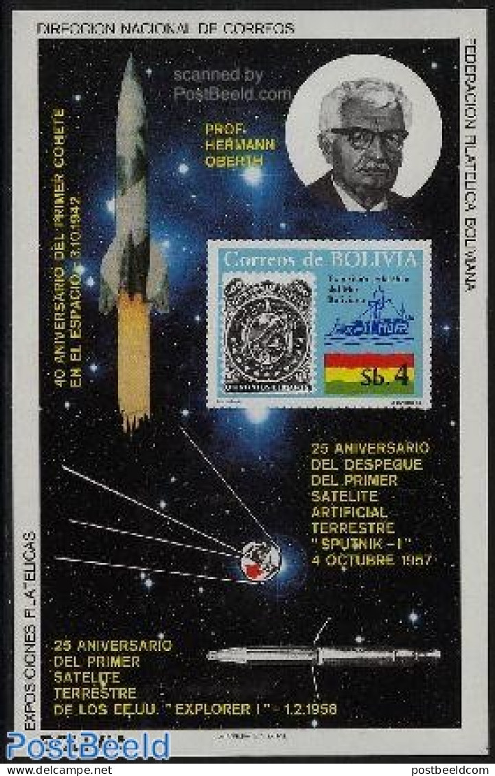 Bolivia 1982 Space, H. Oberth S/s, Mint NH, Transport - Stamps On Stamps - Space Exploration - Sellos Sobre Sellos