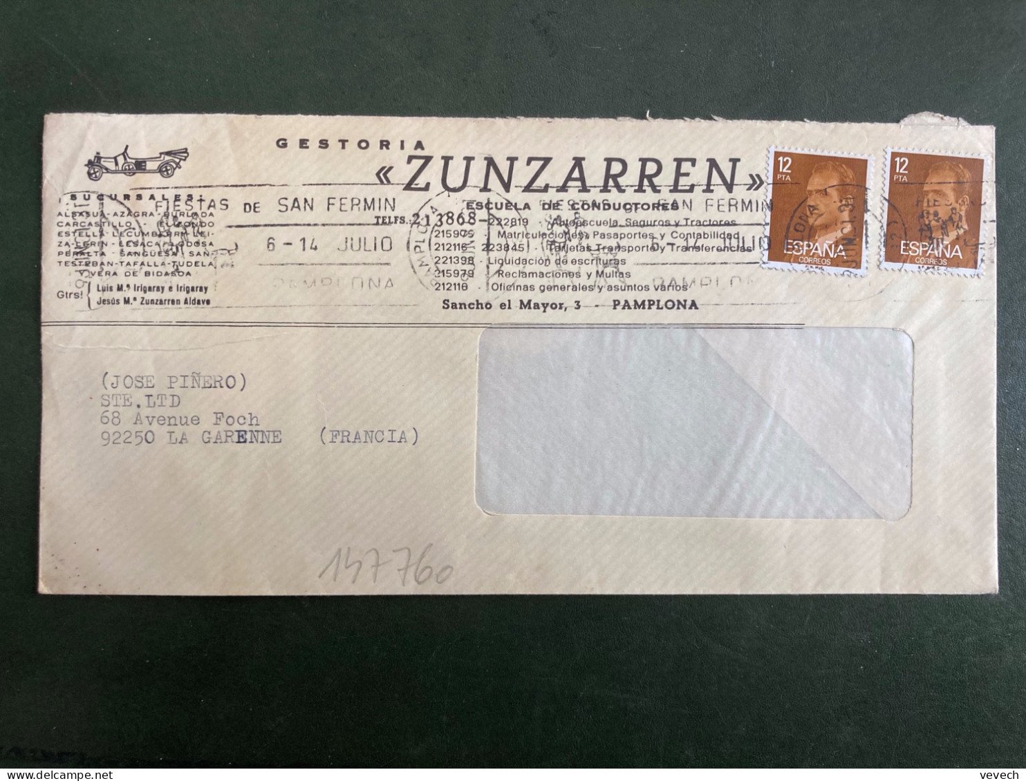 LETTRE GESTORIA ZUNZARREN (AUTOMOBILE ANCIENNE) TP 12p X2 OBL.MEC.9 JUN 81 PAMPLONA - Other & Unclassified