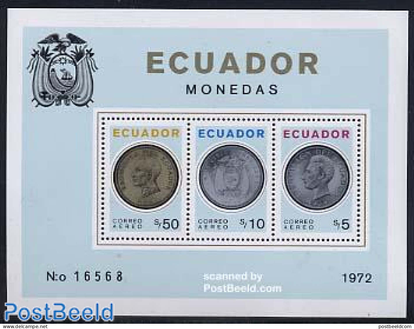 Ecuador 1973 Coins S/s, Mint NH, Various - Money On Stamps - Monnaies