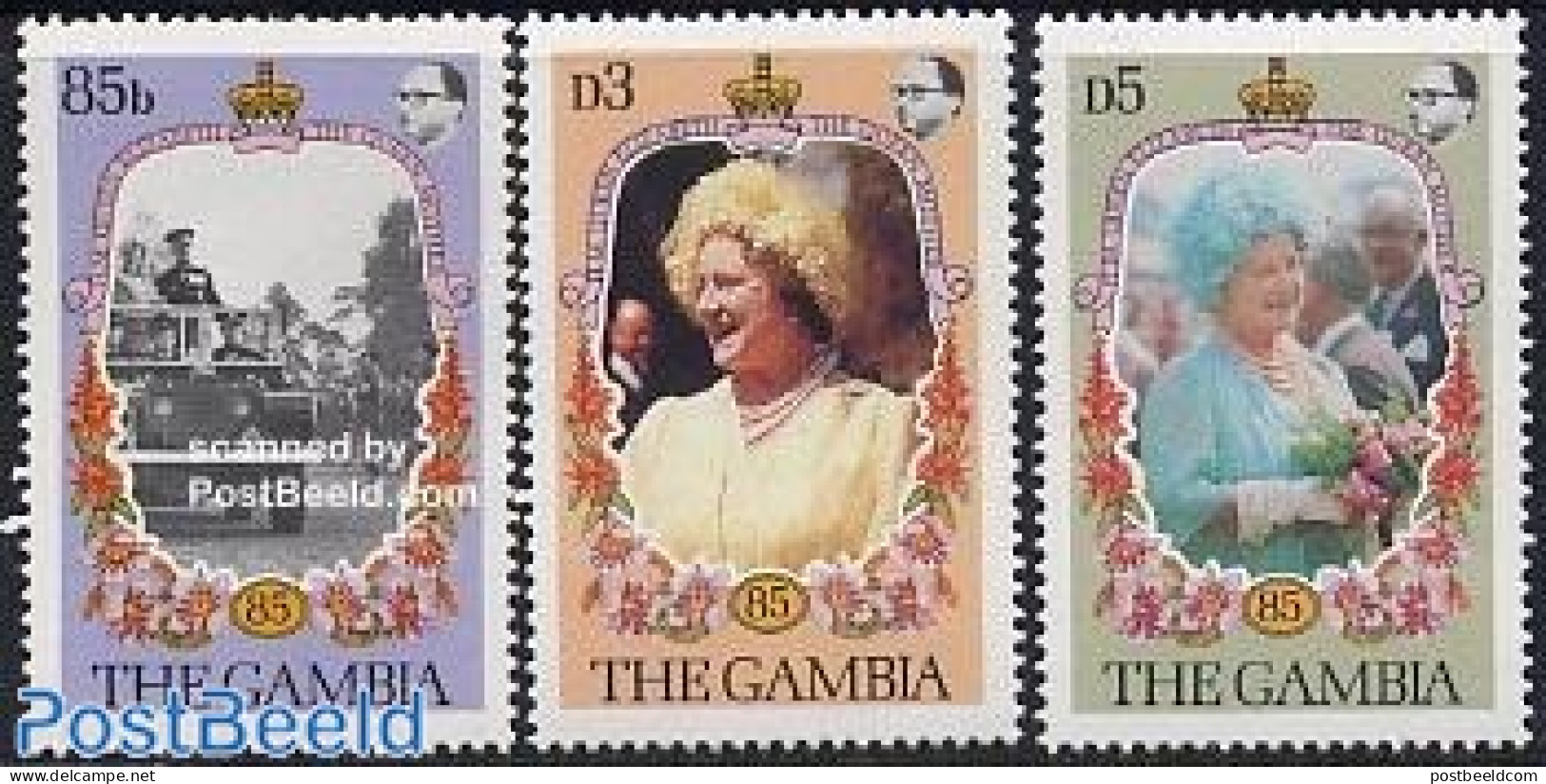 Gambia 1985 Queen Mother 3v, Mint NH, History - Transport - Kings & Queens (Royalty) - Automobiles - Familias Reales