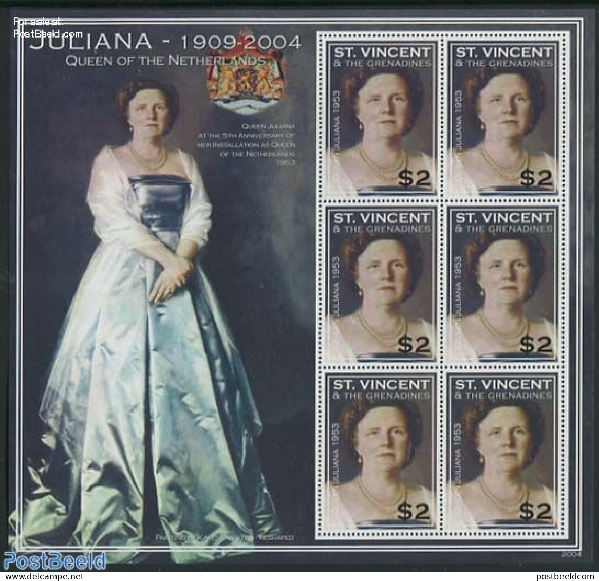 Saint Vincent & The Grenadines 2004 Queen Juliana M/s, Mint NH, History - Kings & Queens (Royalty) - Netherlands & Dutch - Familias Reales