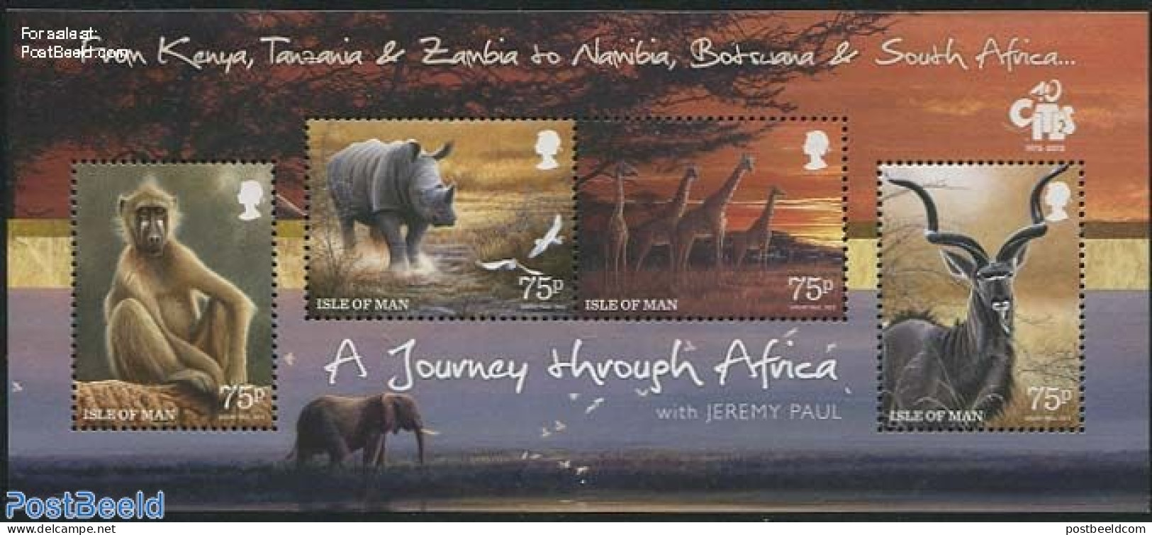 Isle Of Man 2013 Travel Africa 4v M/s, Mint NH, Nature - Animals (others & Mixed) - Giraffe - Monkeys - Rhinoceros - Isola Di Man