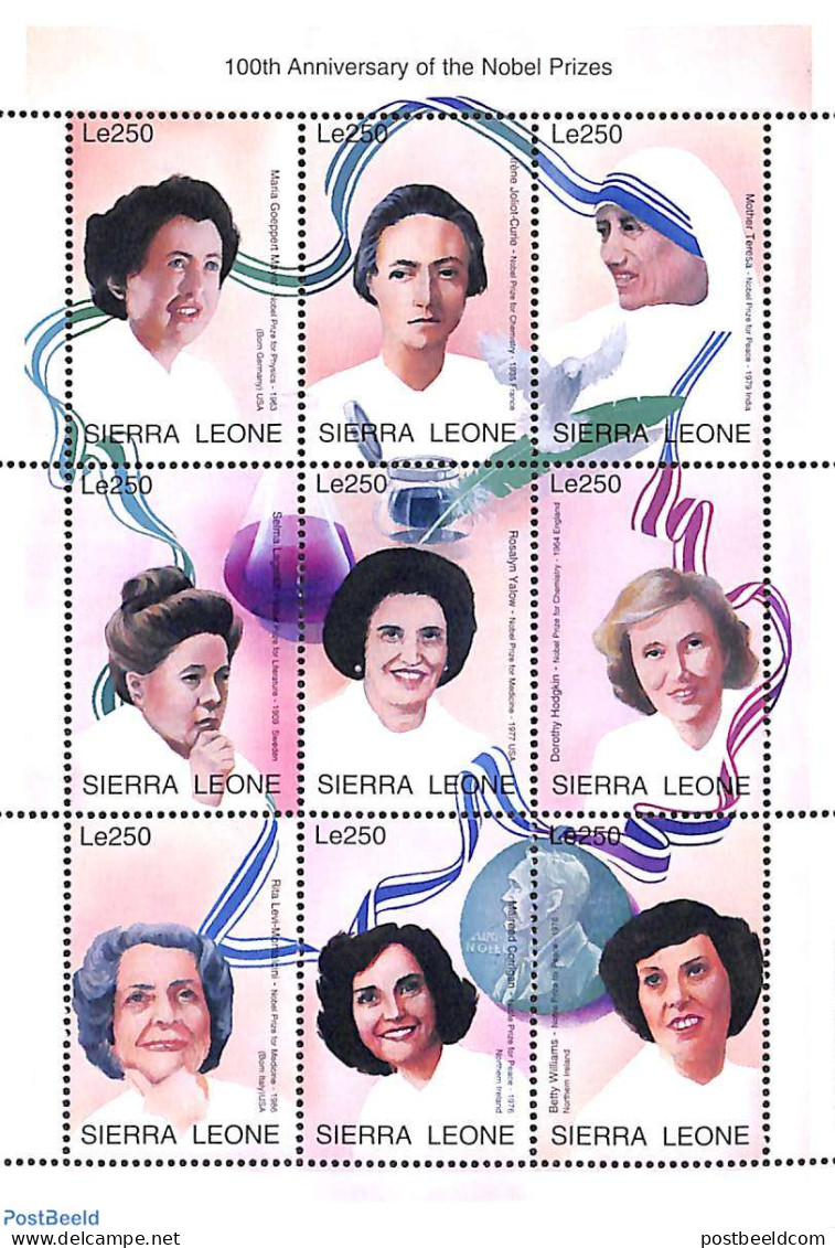 Sierra Leone 1995 Nobel Prize Winners 9v M/s, Mint NH, History - Nobel Prize Winners - Women - Prix Nobel
