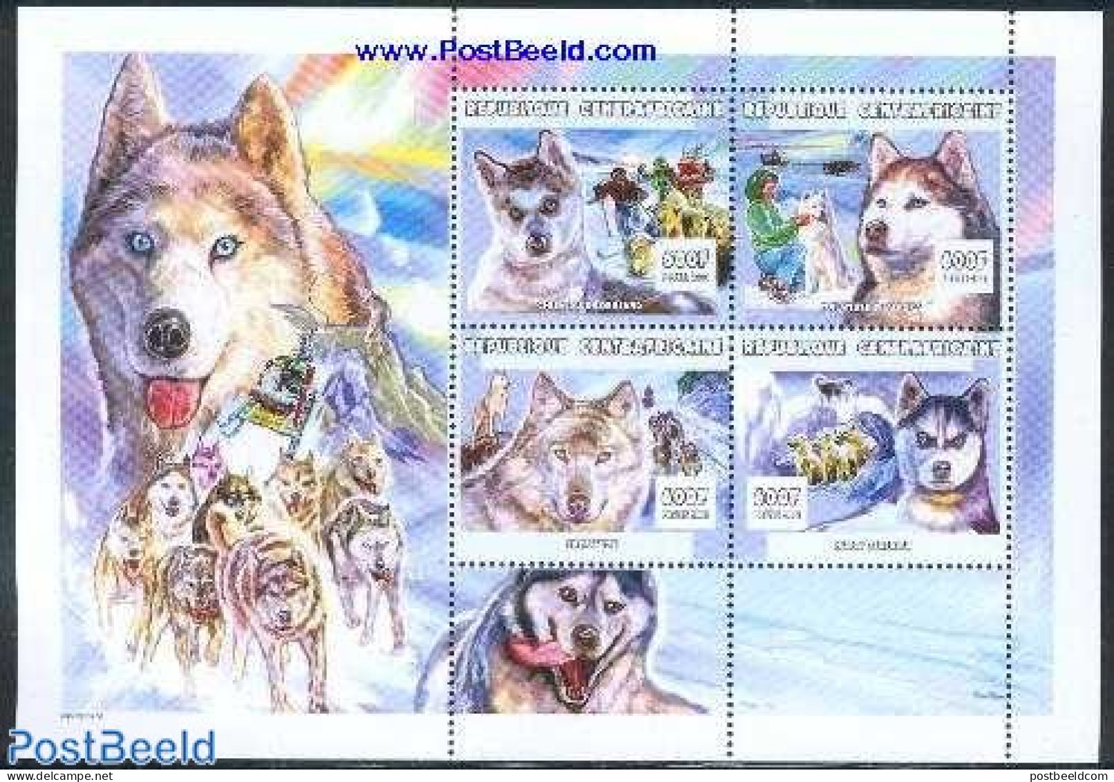 Central Africa 2001 Polar Dogs 4v M/s, Mint NH, Nature - Science - Dogs - The Arctic & Antarctica - Central African Republic