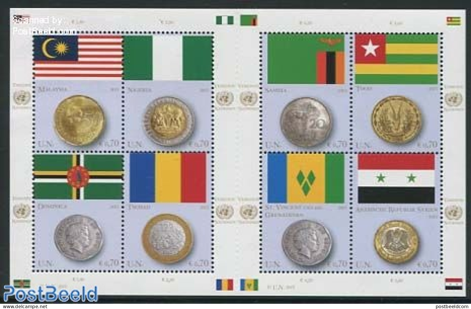 United Nations, Vienna 2013 Flags & Coins 8v M/s, Mint NH, History - Nature - Various - Flags - Animals (others & Mixe.. - Monete