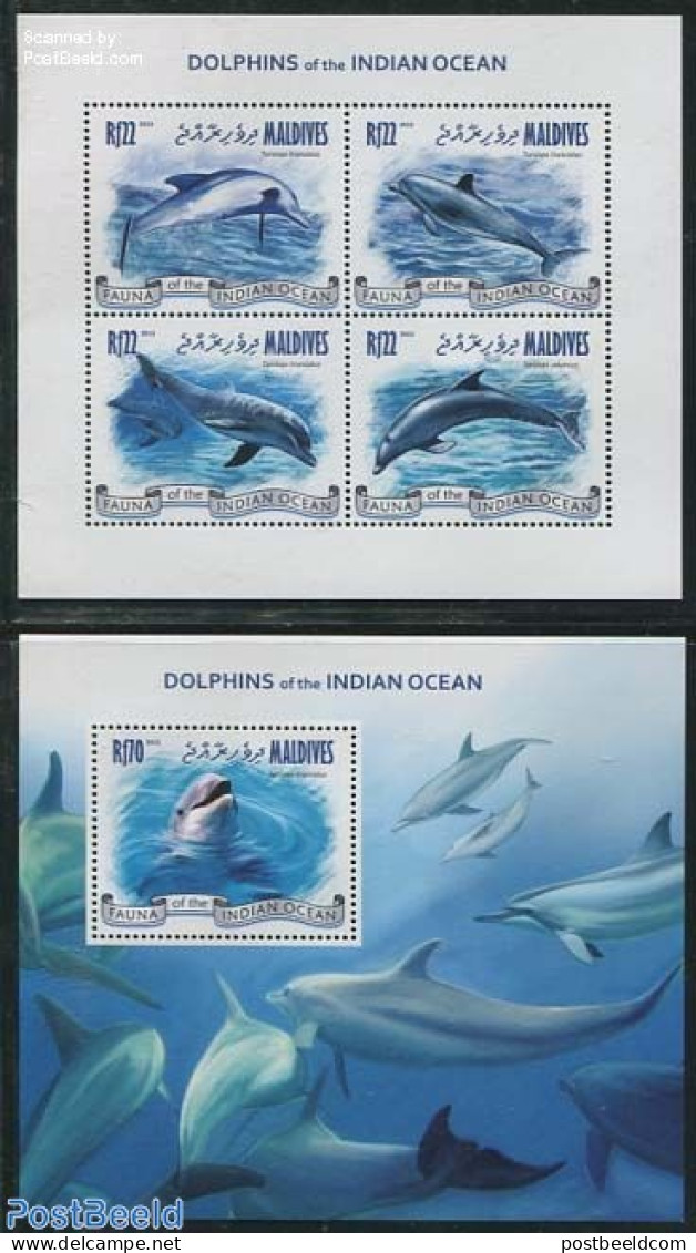Maldives 2013 Dolphins Of The Indian Ocean 2 S/s, Mint NH, Nature - Maldives (1965-...)