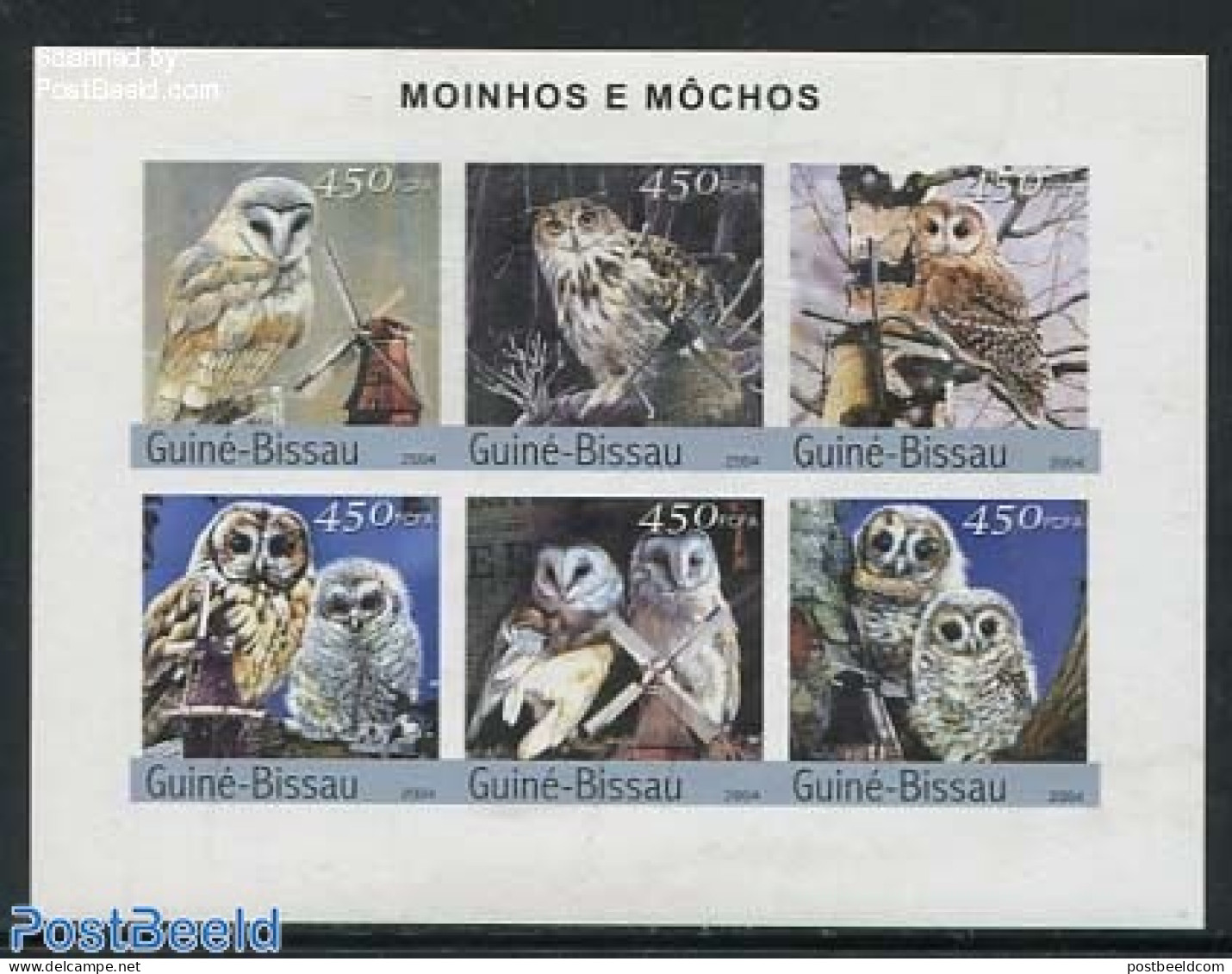 Guinea Bissau 2004 Owls & Windmills 6v M/s, Imperforated, Mint NH, Nature - Various - Birds - Birds Of Prey - Owls - M.. - Molinos