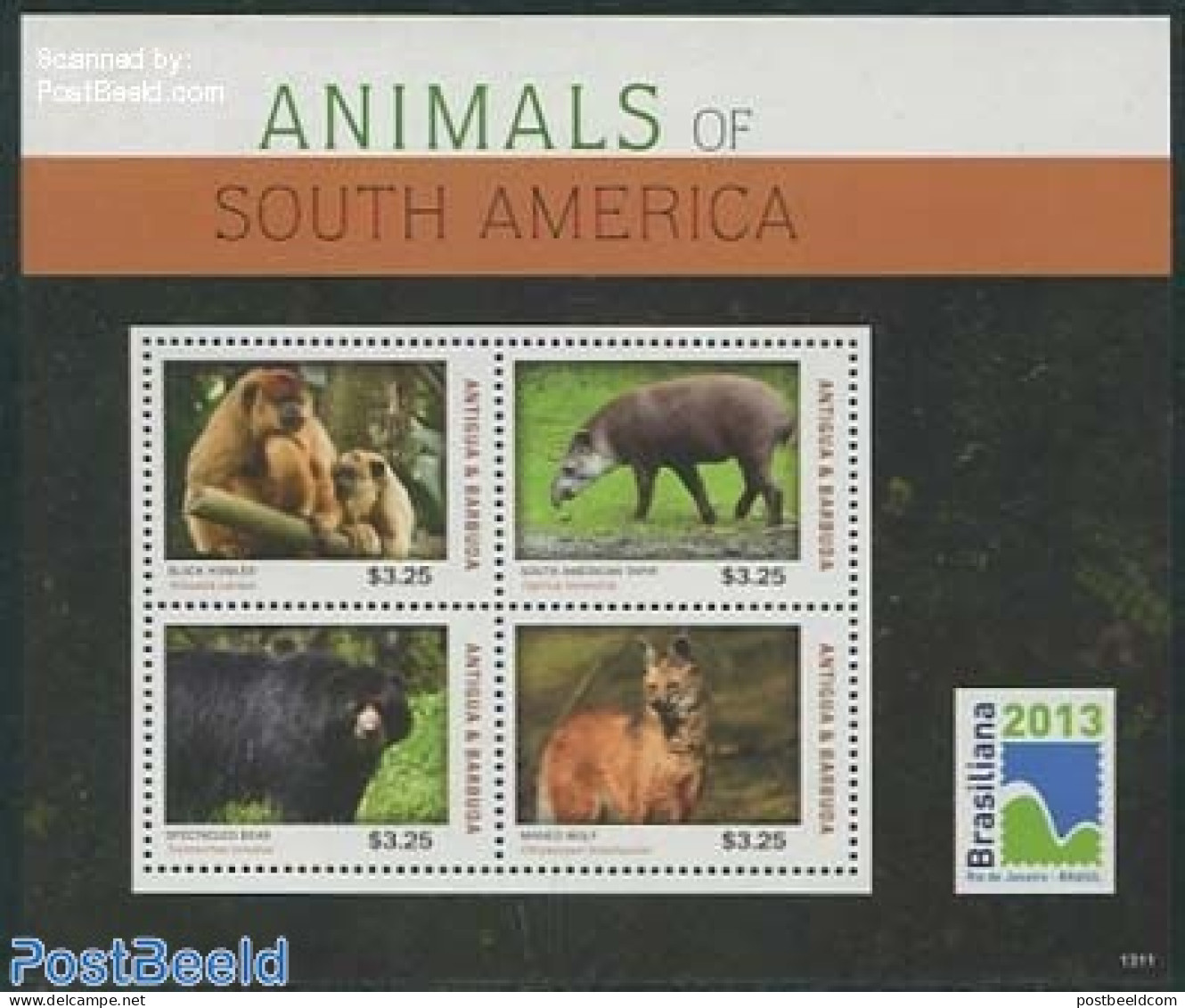 Antigua & Barbuda 2013 Animals Of South America 4v M/s, Mint NH, Nature - Animals (others & Mixed) - Bears - Monkeys - Antigua Y Barbuda (1981-...)